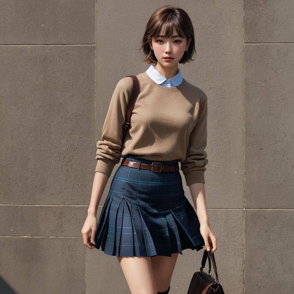 Elegant Lady with Tartan Skirt in Sunlight