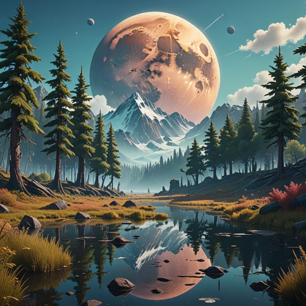 Surreal Dusk Landscape with Iridescent Moon and Glowing Fore...