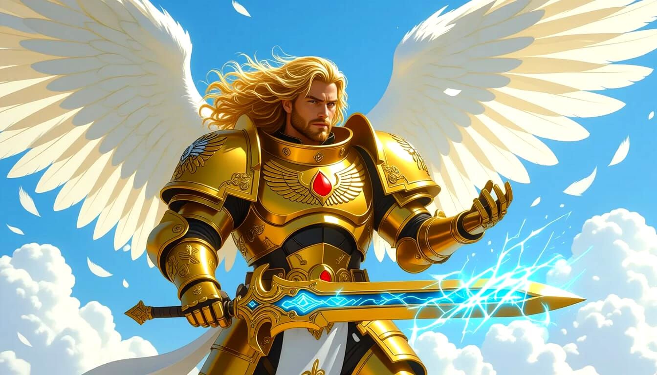 Angelic Warrior in Golden Armor Flying in Sky