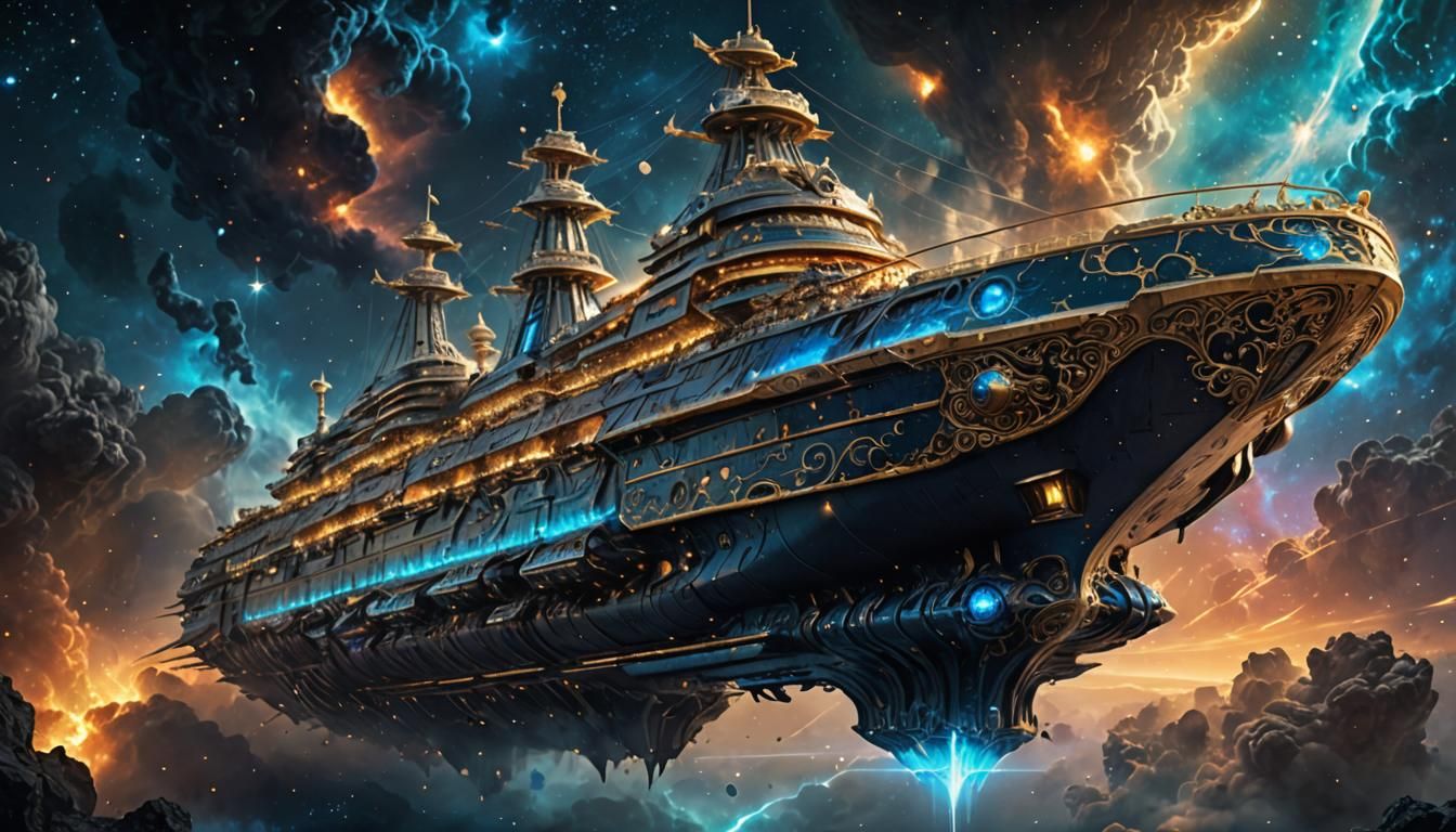 Ornate Capital Ship in Nebula: Epic Concept Art