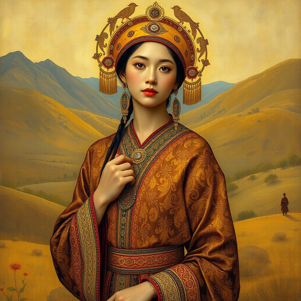 Mongolian Woman in Klimt-Inspired Golden Style