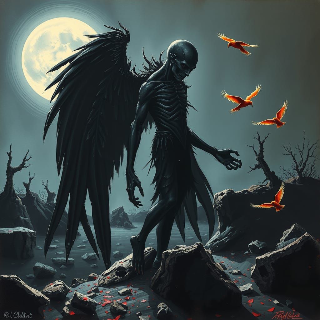 Dark Figure with Broken Wings in Expressionist Style