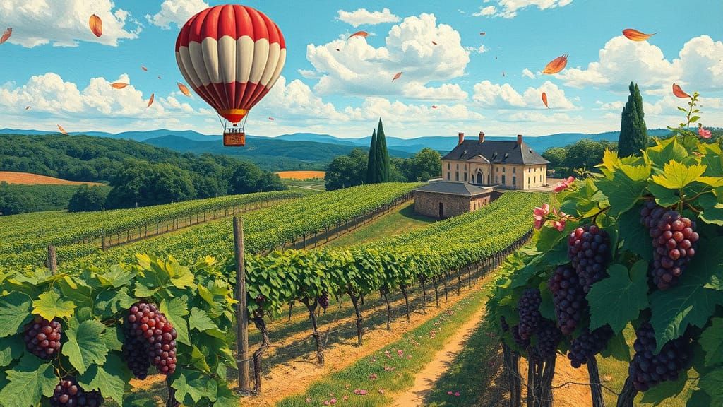 Vineyard Bird's-Eye View with Hot Air Balloon, Gouache Style