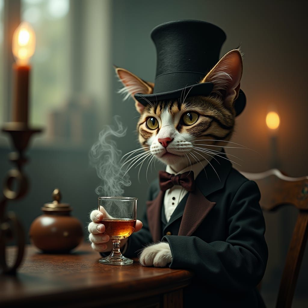 Whimsical Cat Sipping Whisky in Surreal Parlour
