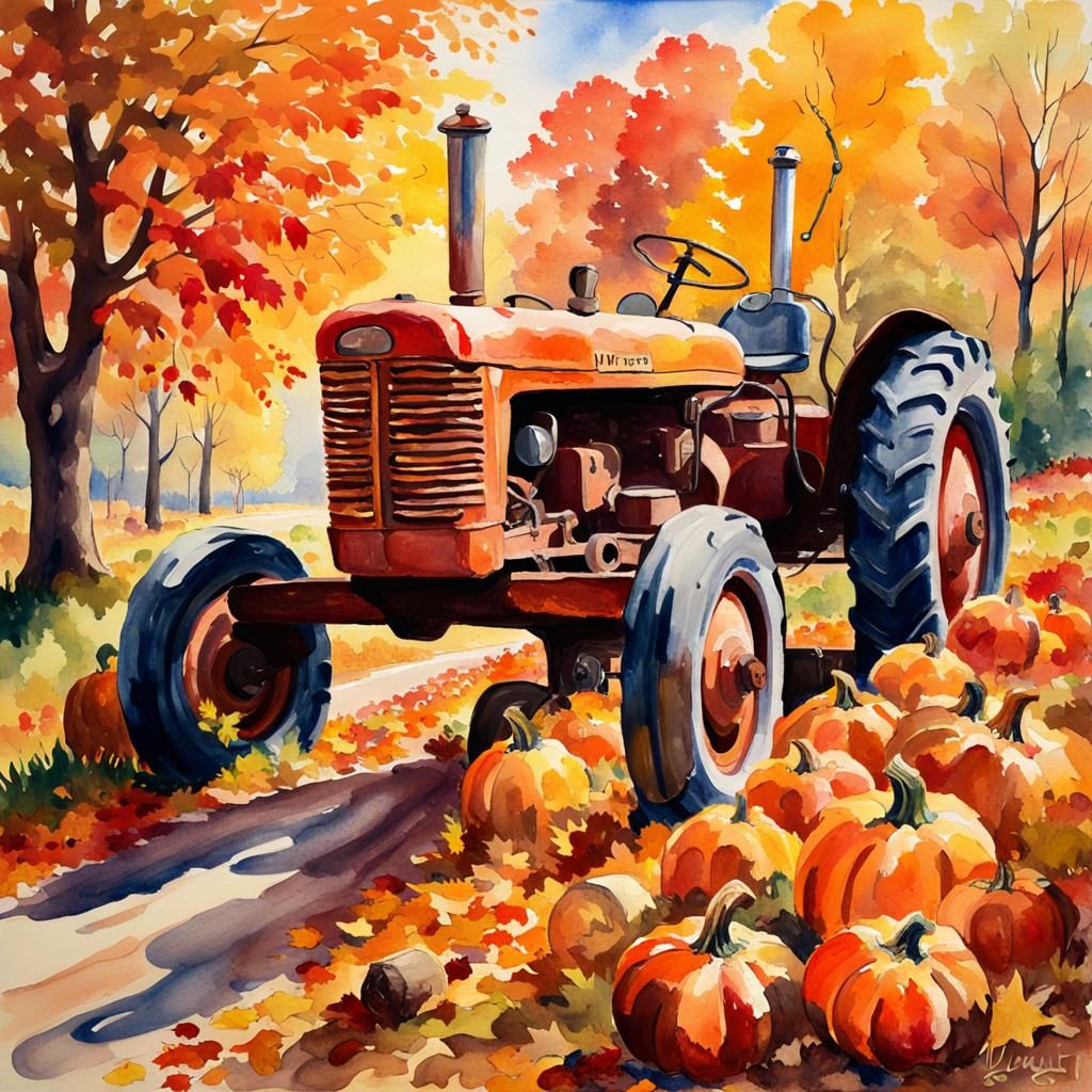 Pumpkins on Tractor in Autumnal Impressionist Watercolor