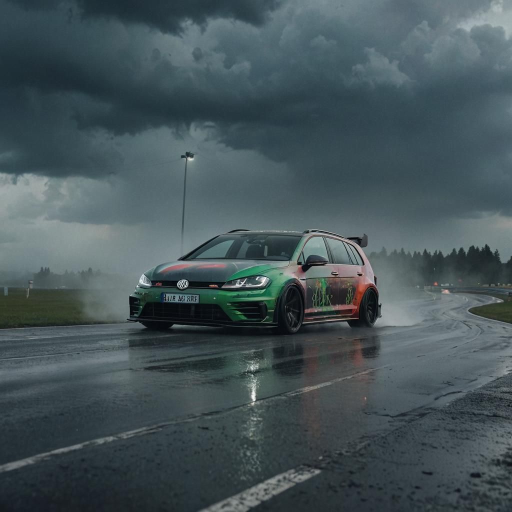 Custom VW Golf 7R on Wet Track in Digital Art