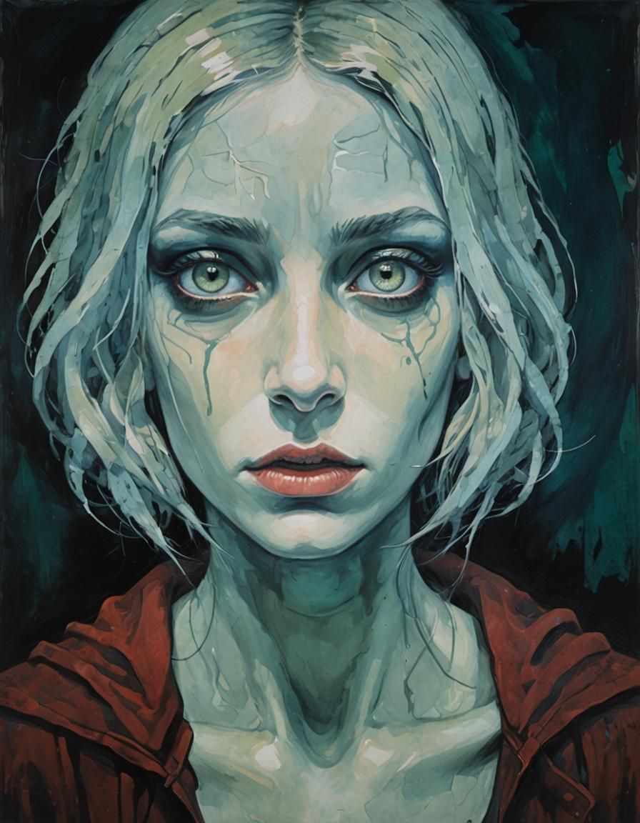 Eerie Acrylic Painting of a Girl in Dark Room