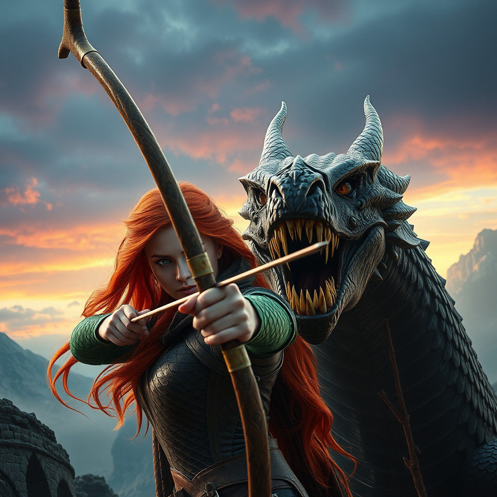 Archer and Dragon in Fantasy Matte Painting