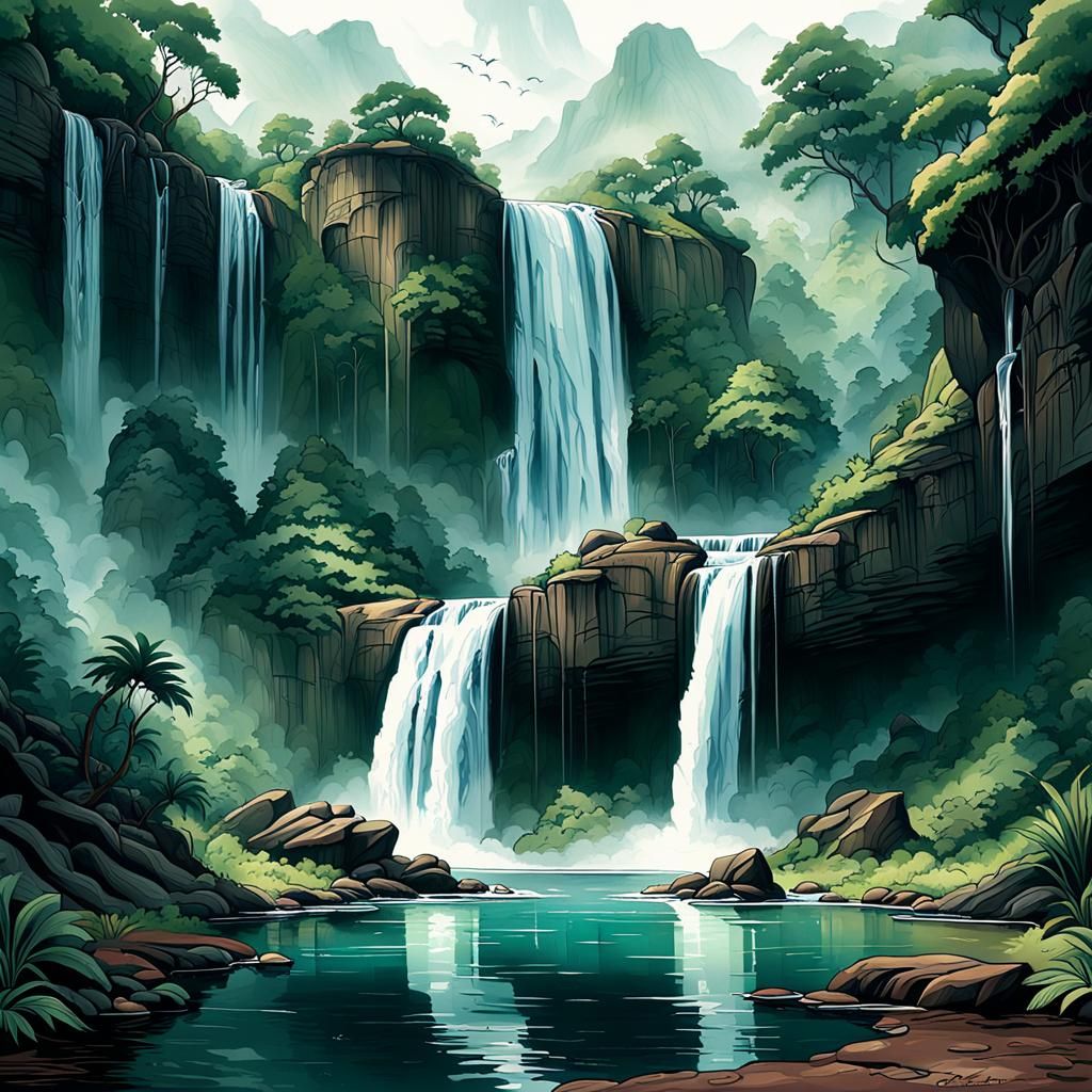 Monochromatic Waterfall Concept Art in Line Drawing Style