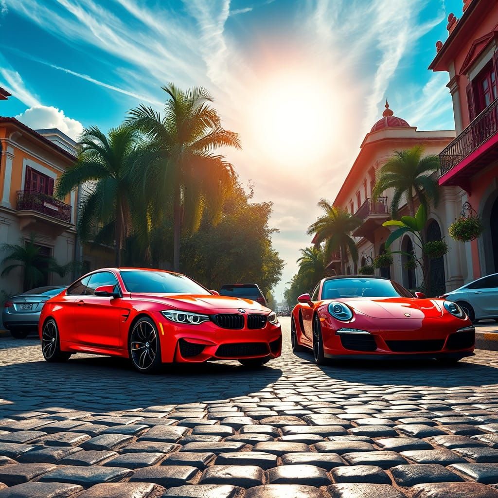 Vibrant Brazilian Street Scene with BMW and Corvette