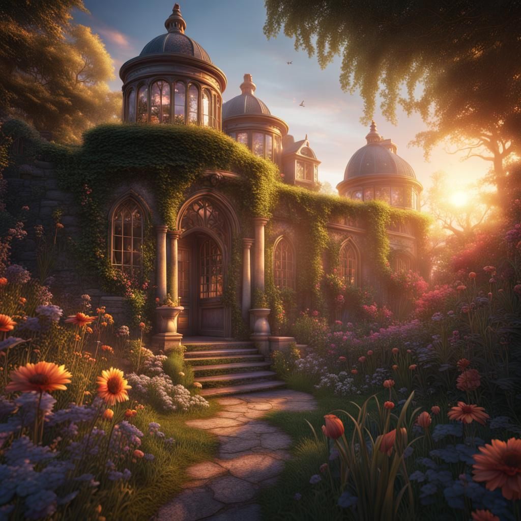 English Secret Garden at Sunset: Detailed Matte Painting