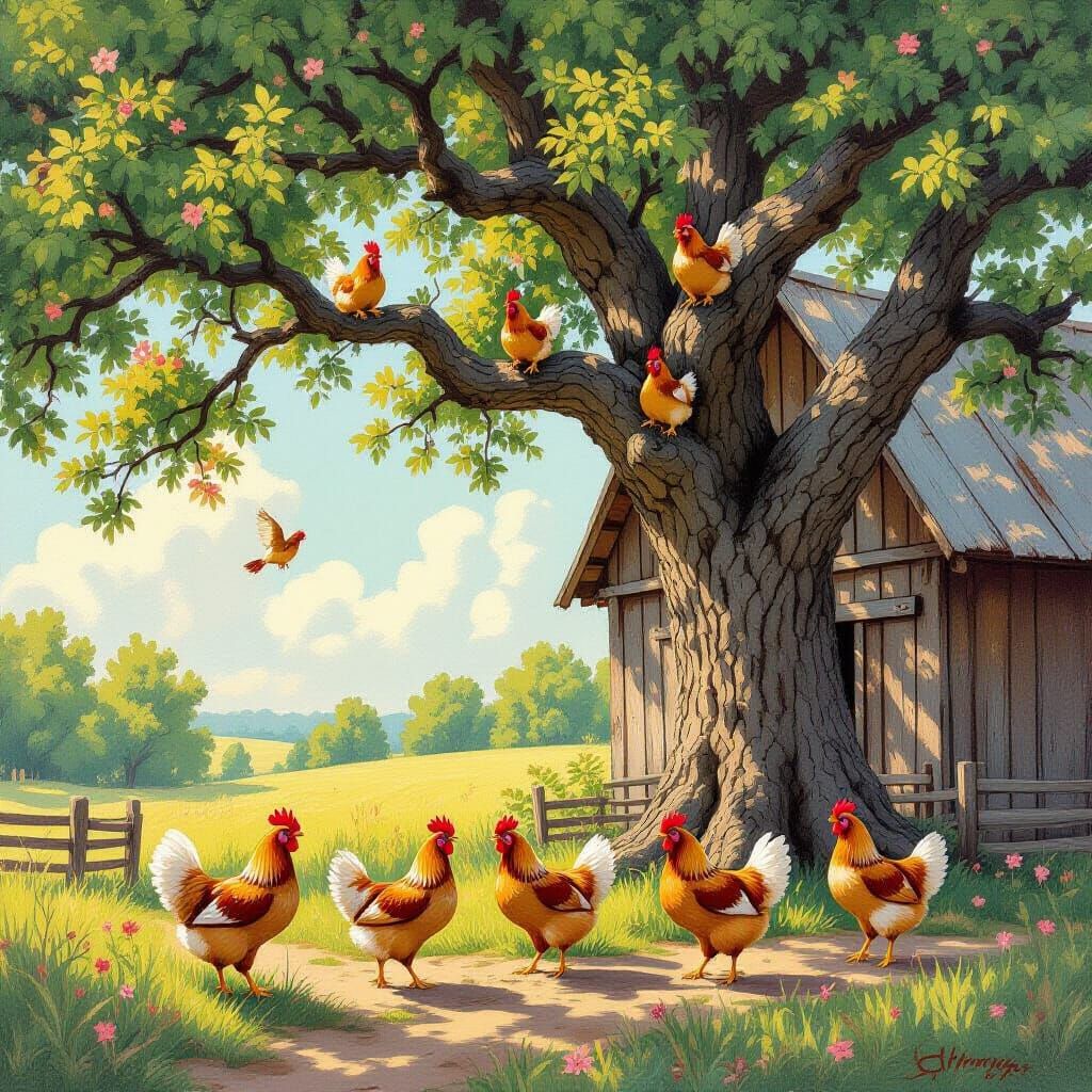 Floral Chickens in Impressionist Landscape