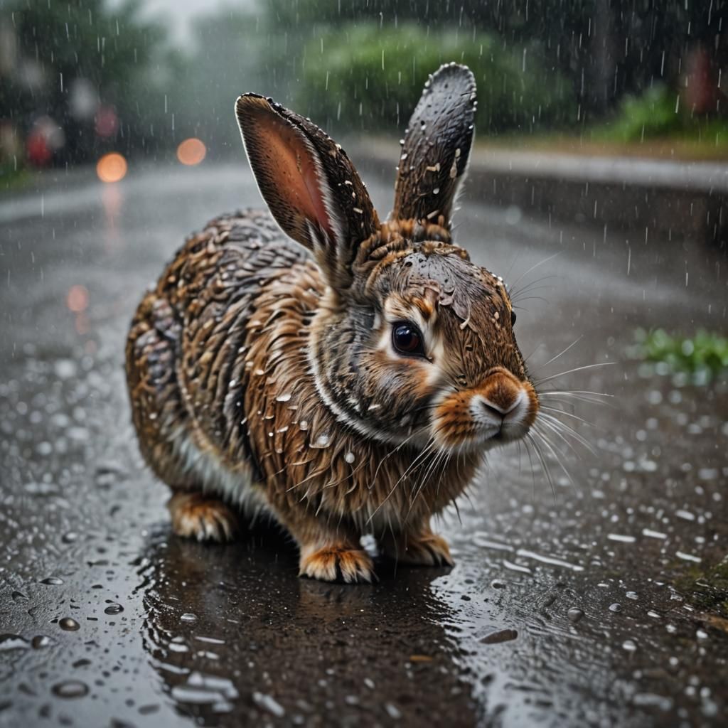 Hyperrealistic Bunny in Rain with Sharp Focus