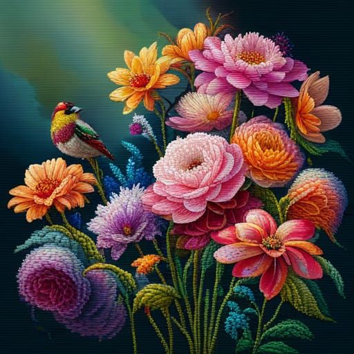 Embroidered Floral Bouquet with Beads and Sequins