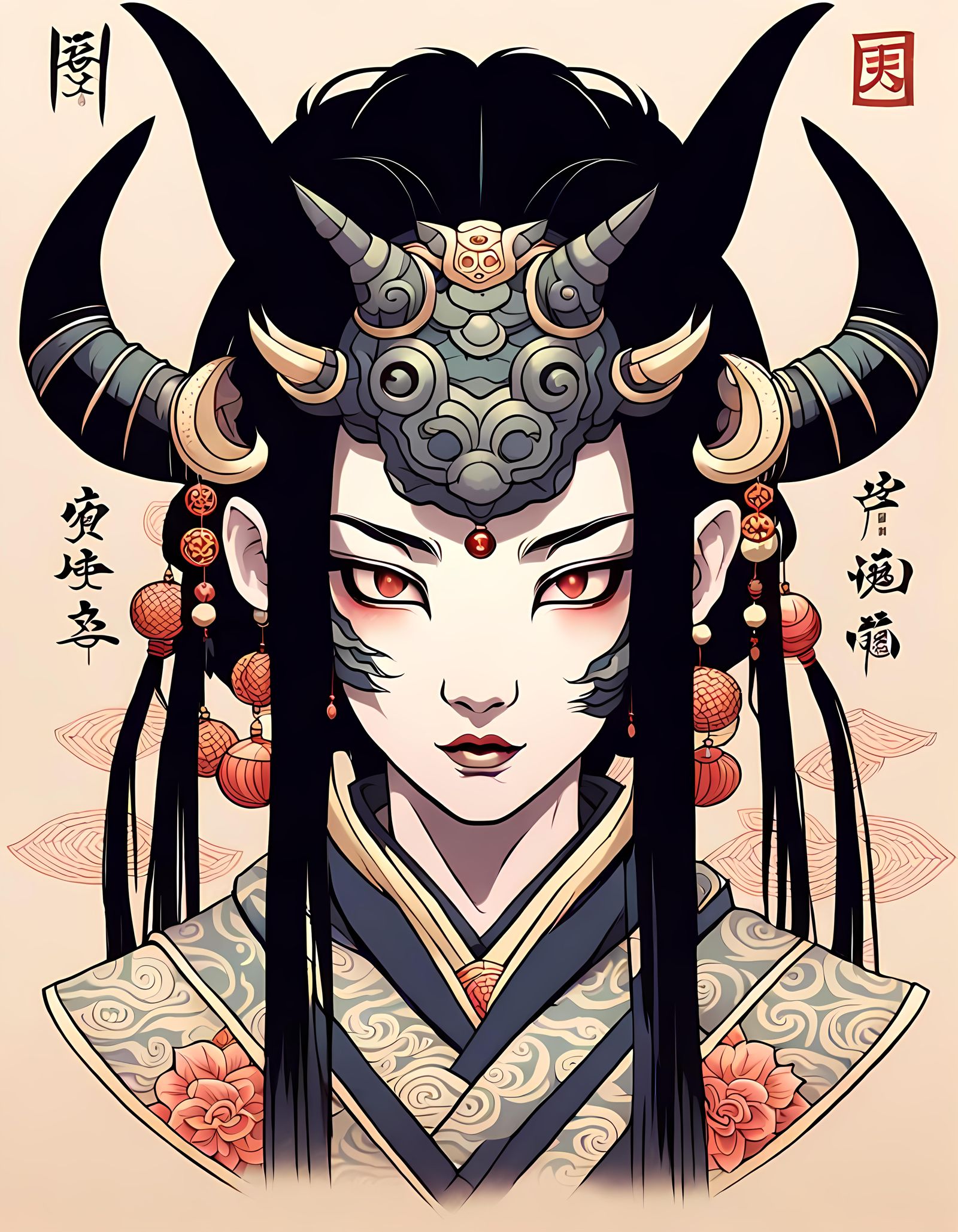 Demonic Oni Woman with Black Hair and Horns