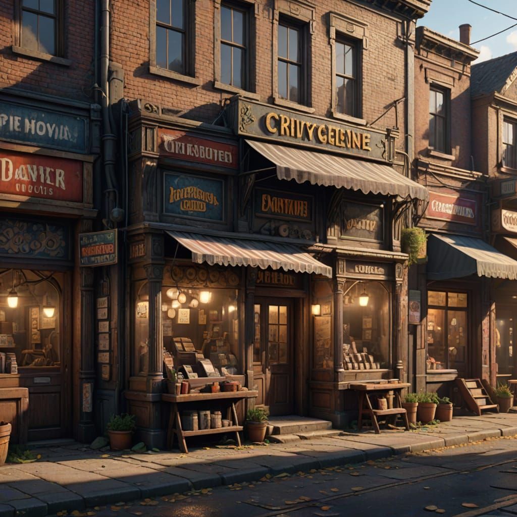 Vibrant Small Town Store Scene in Golden Light