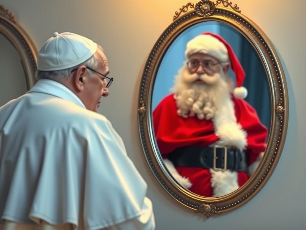 Pope Surprised by Santa Claus Reflection