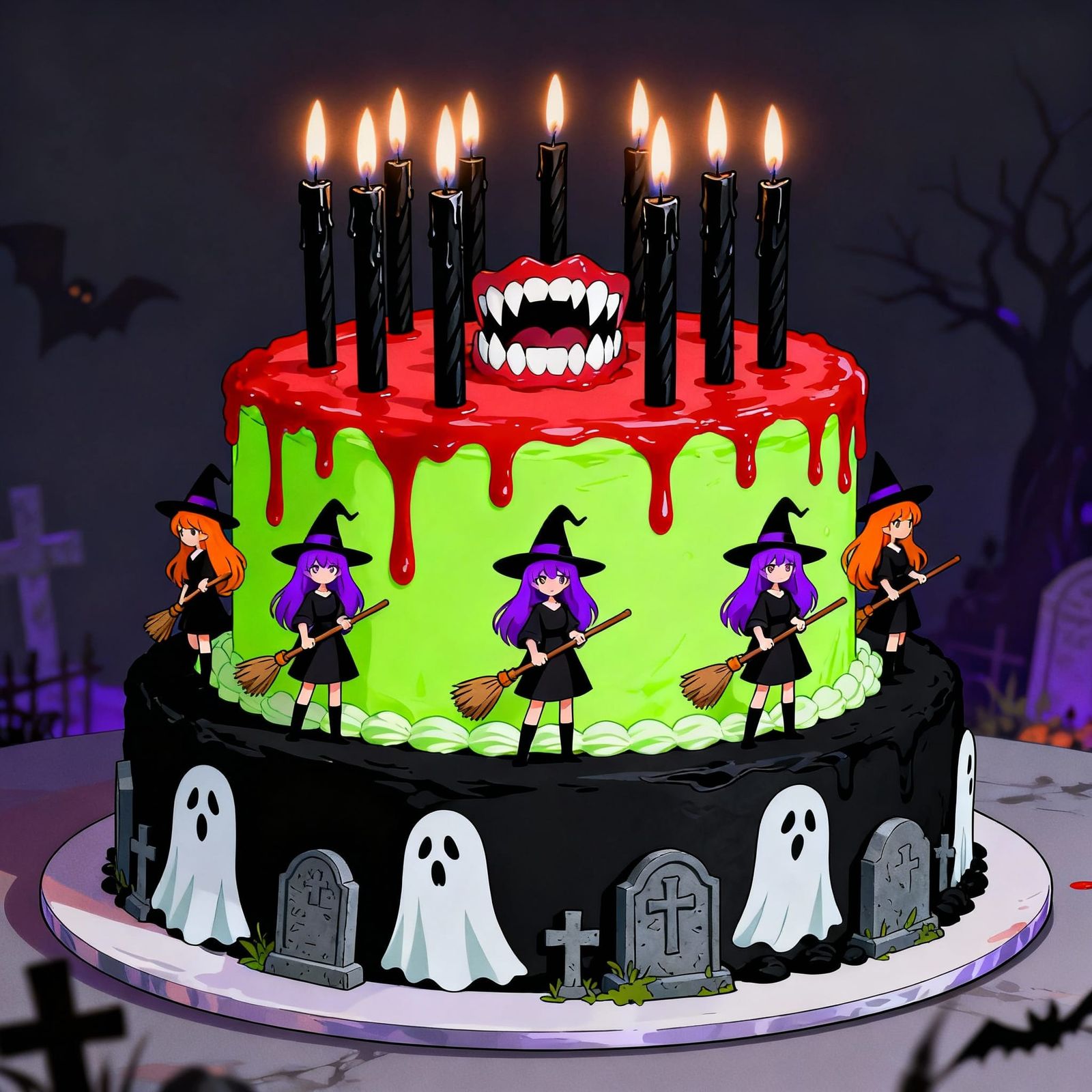 Spooky Halloween Birthday Cake with Witches and Ghosts