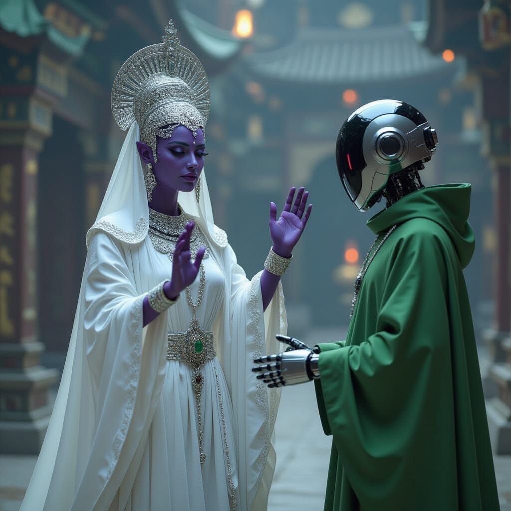 Alien Priestess Greets Robot Monk in Vibrant Mystical Style