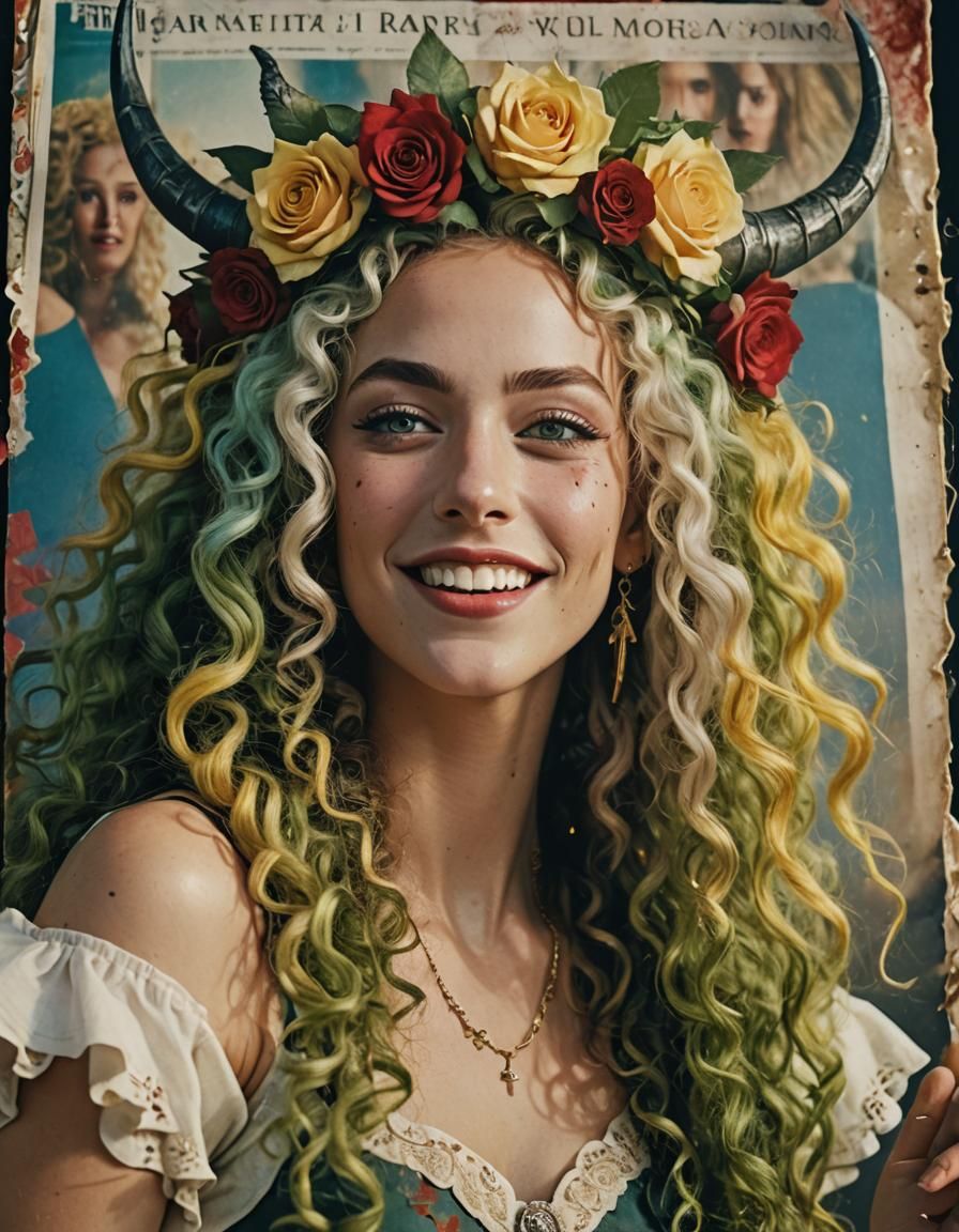 Surreal Woman Dancing with Roses and Horns