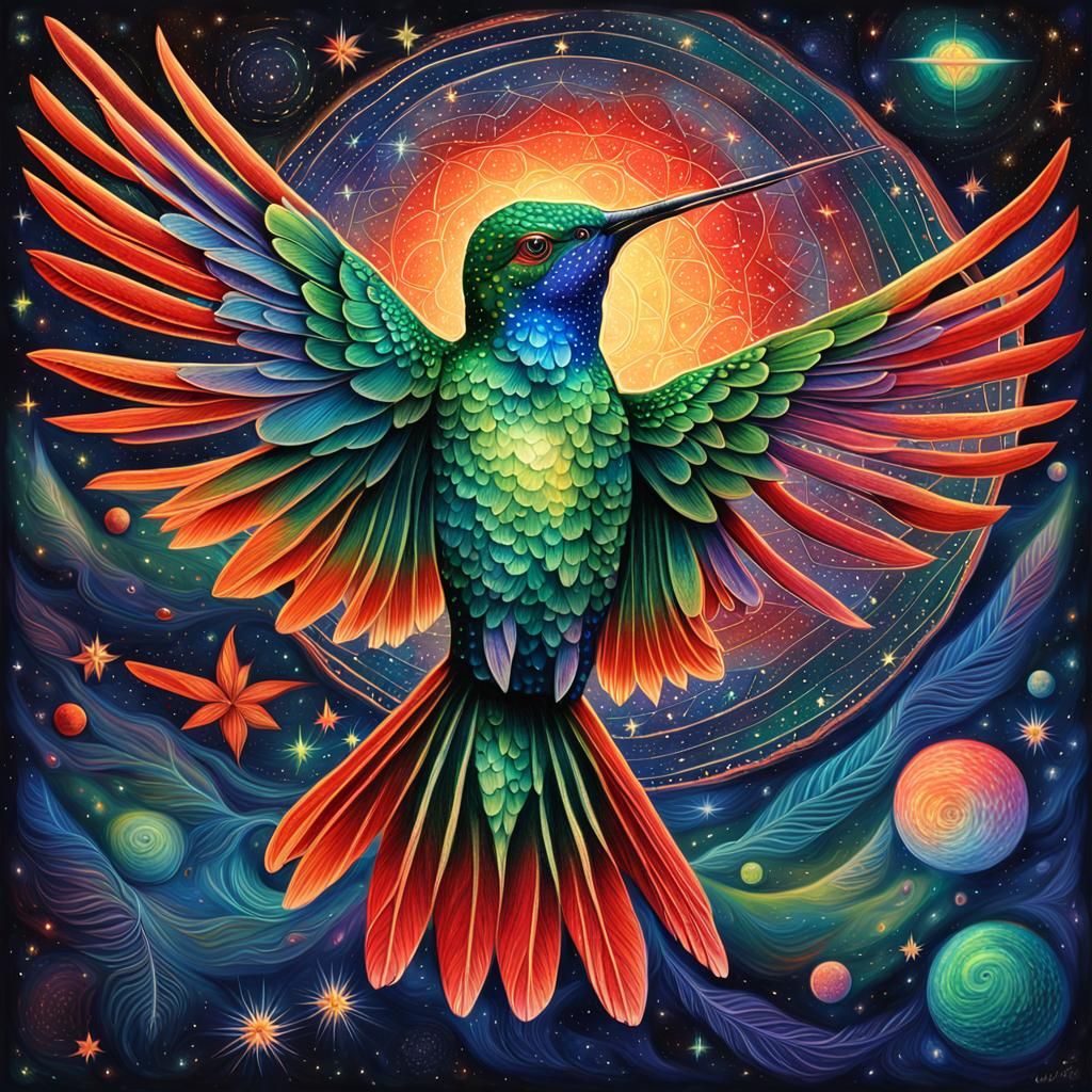 Hummingbird in Starry Night Sky, Holographic Illustration