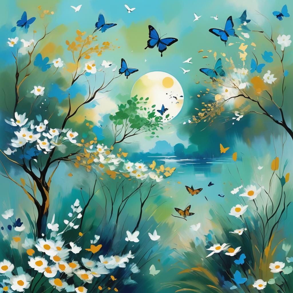 Monet Inspired Landscape with Butterflies and Gold Accents