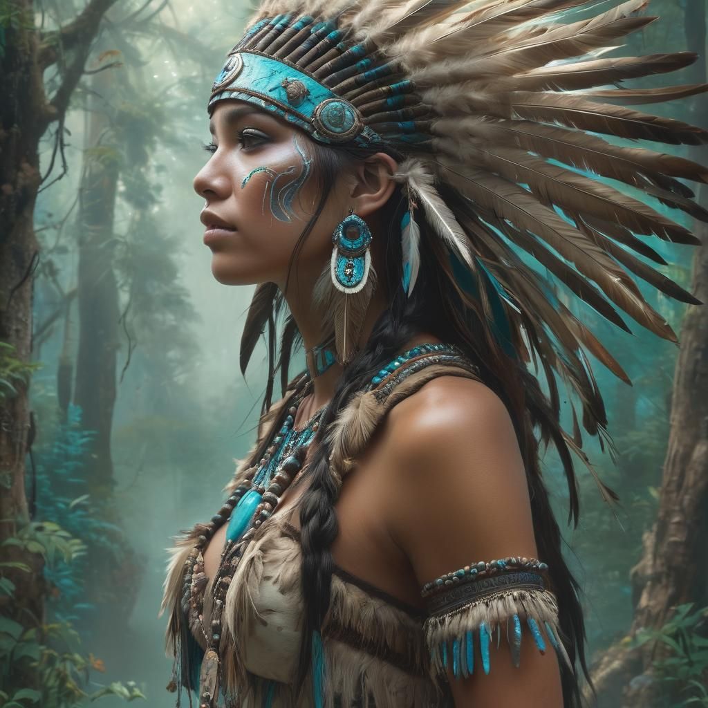 Yaqui Warrior Princess in Misty Forest