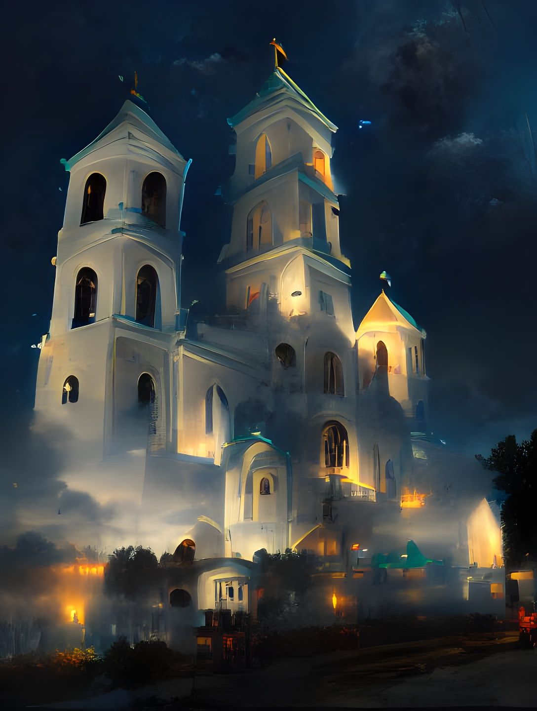 Church at Twilight: Romantic Era Night Scene