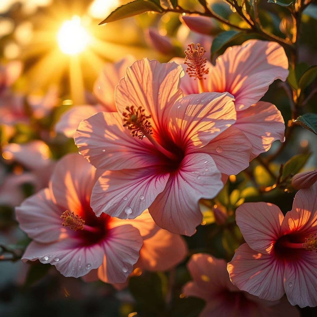 Hibiscus Flowers in Golden Light, Watercolor Fractal Style