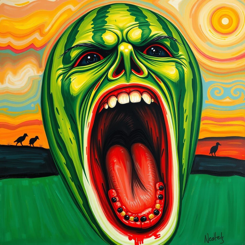Watermelon Face Screams in Vibrant Airbrush Style