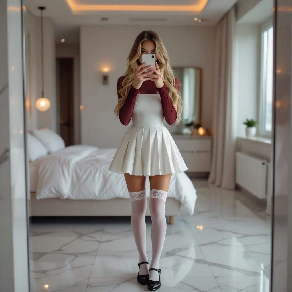 Woman Takes Mirror Selfie in Modern Bedroom