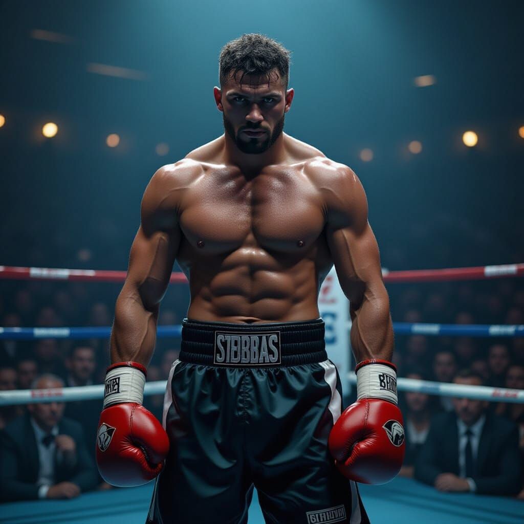 Intense Boxing Athlete in Dimly Lit Ring