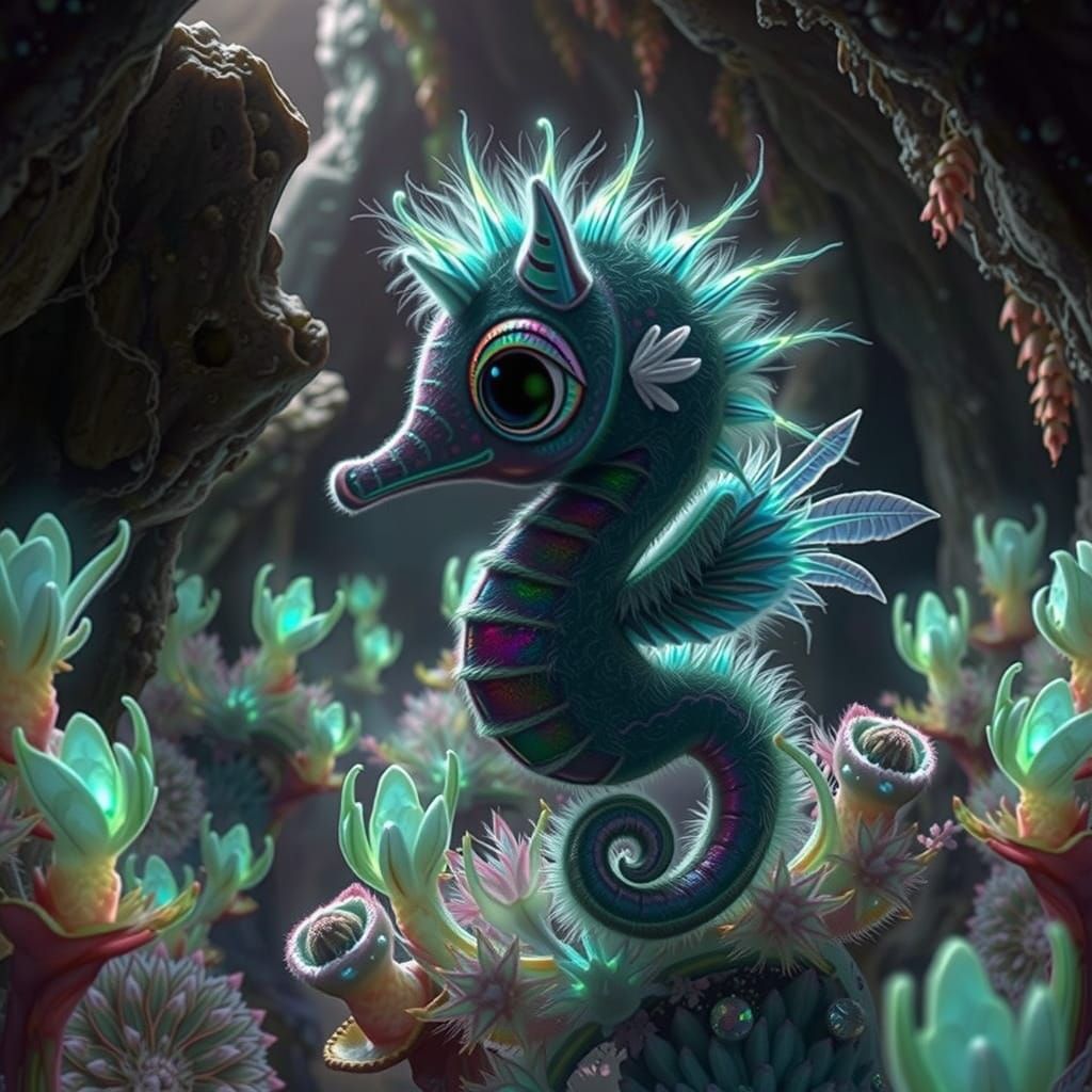 Rainbow Seahorse with Wings in Crystalline Cave