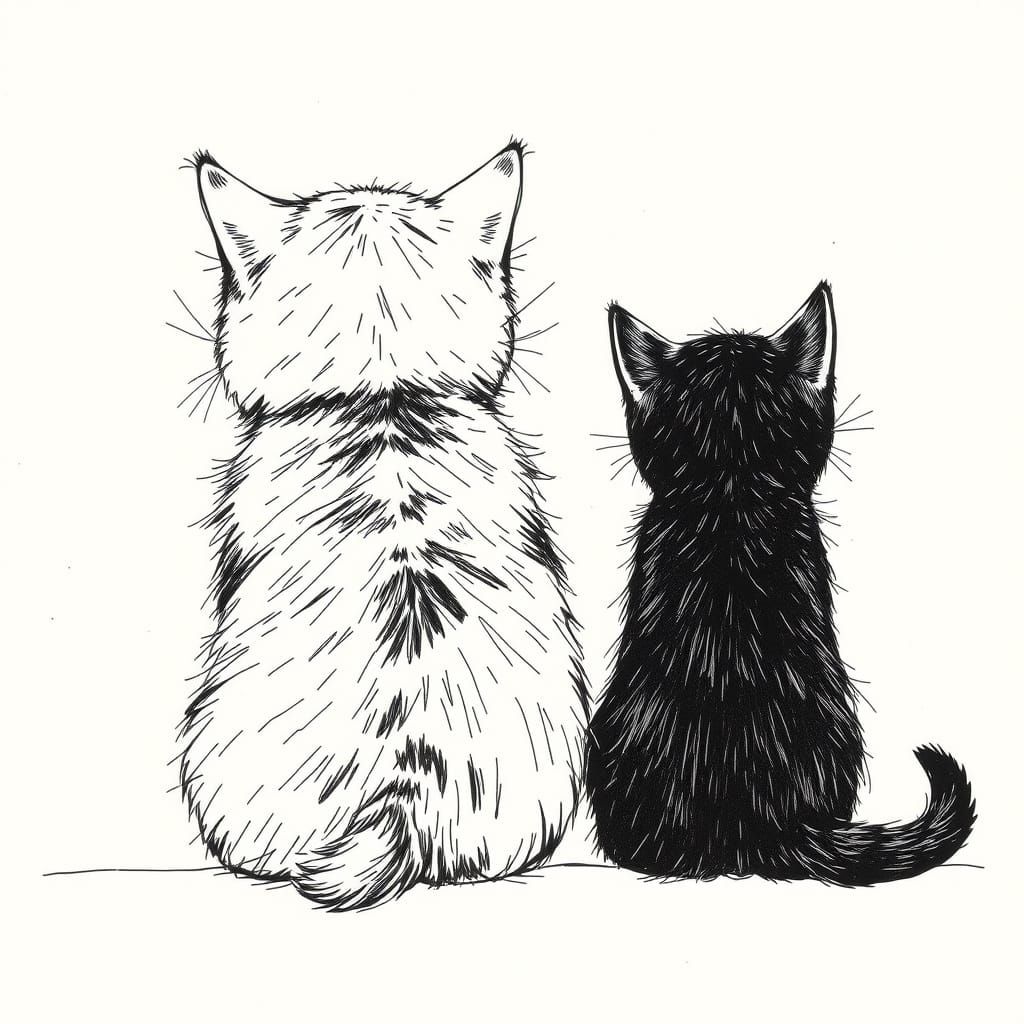 Monochrome Kittens Gaze Horizon in Ink Sketch Style