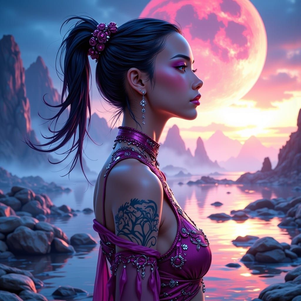 Ethereal Anime Girl in Vibrant Alien Landscape