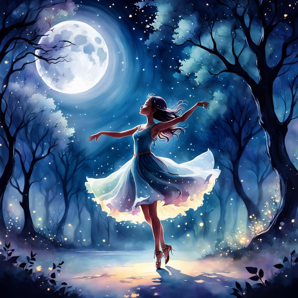 Whimsical Moonlit Dance in Watercolor Style