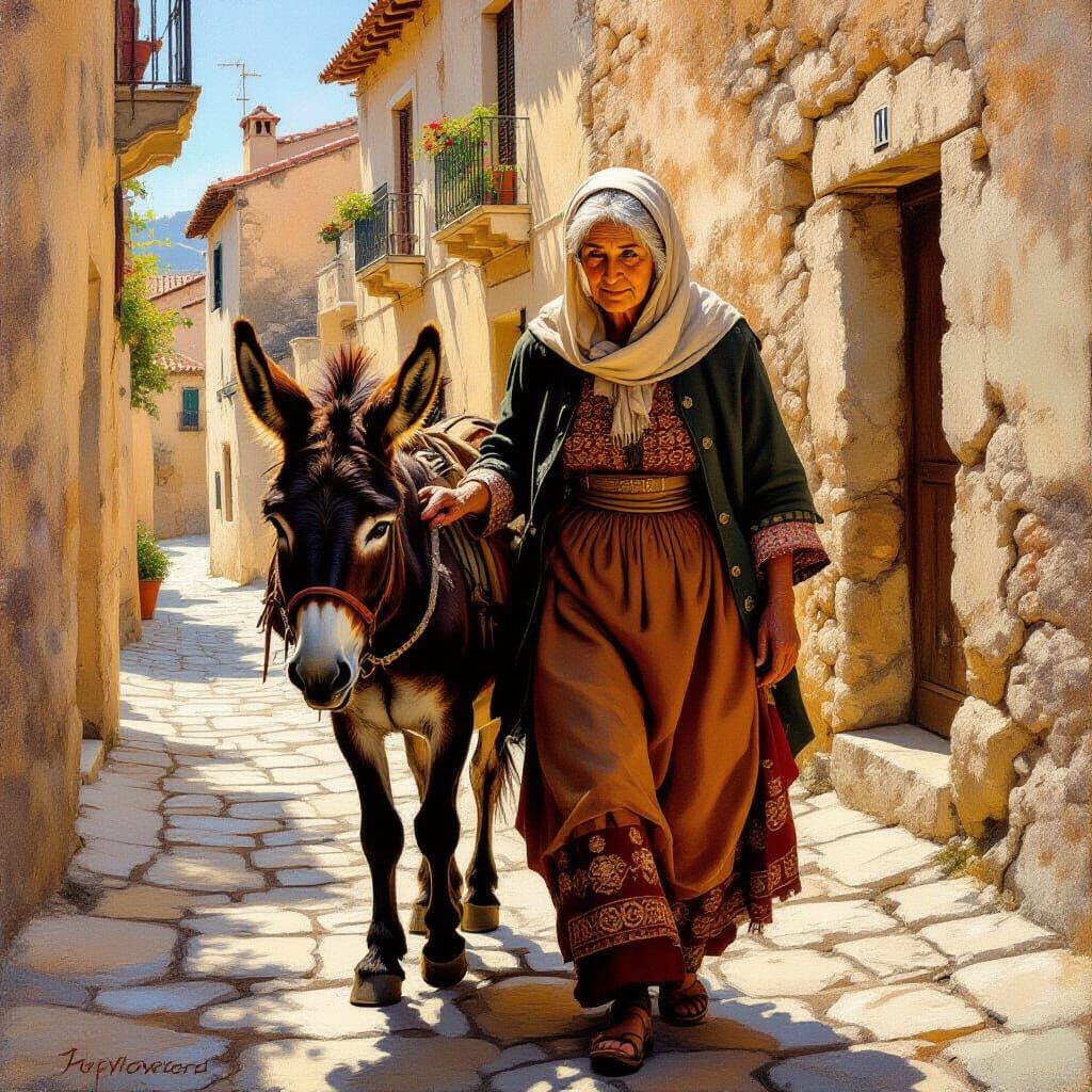 Old Woman Leads Donkey in Caravaggio Style Oil Painting