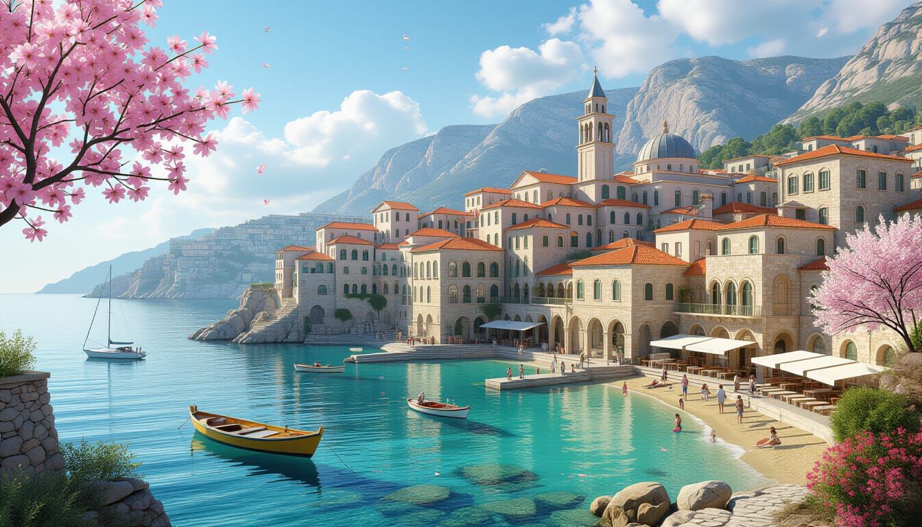 Futuristic Mediterranean Coastal City in Spring