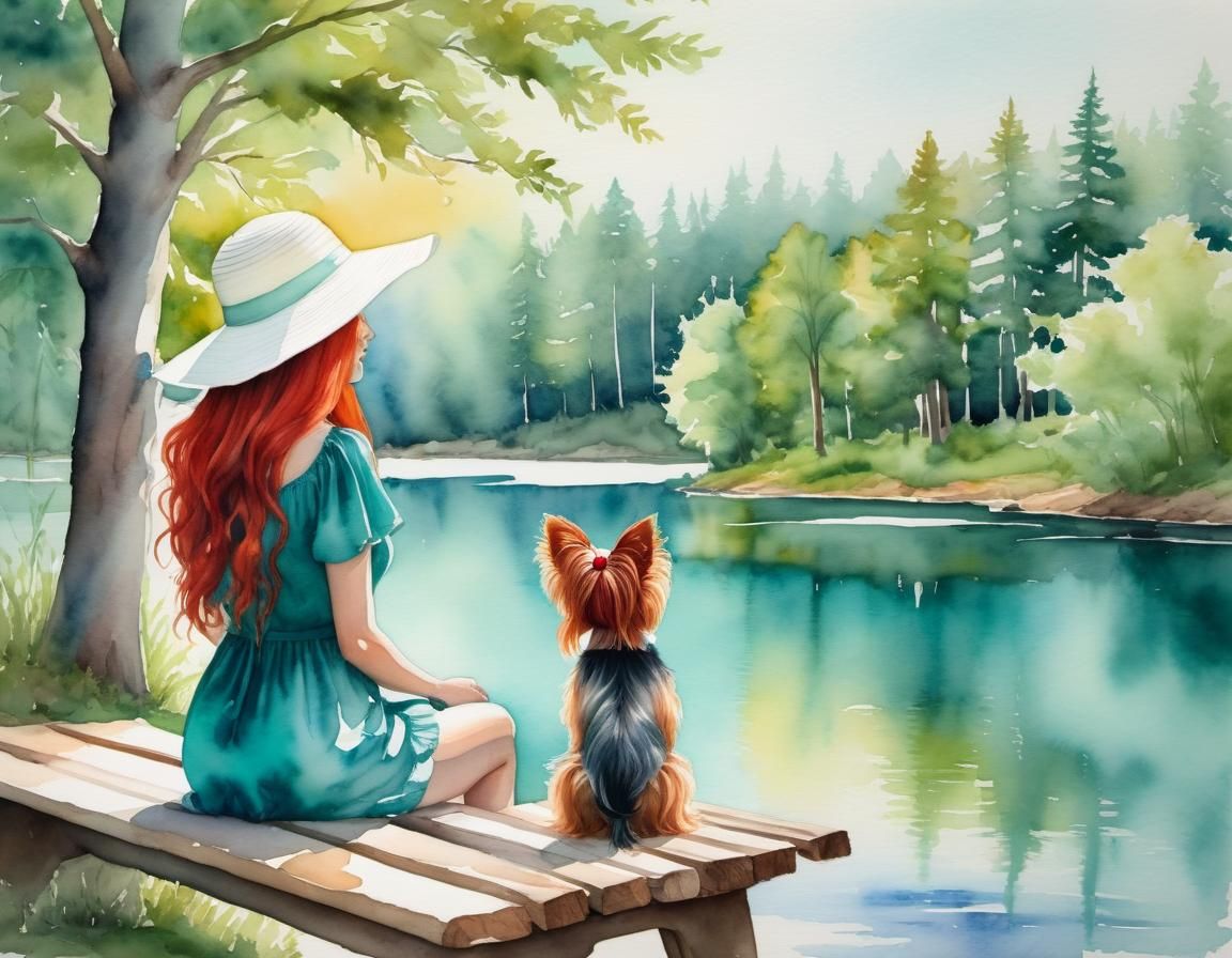 Woman in Sun Hat Paints by Forest Lake with Adorable Yorkie