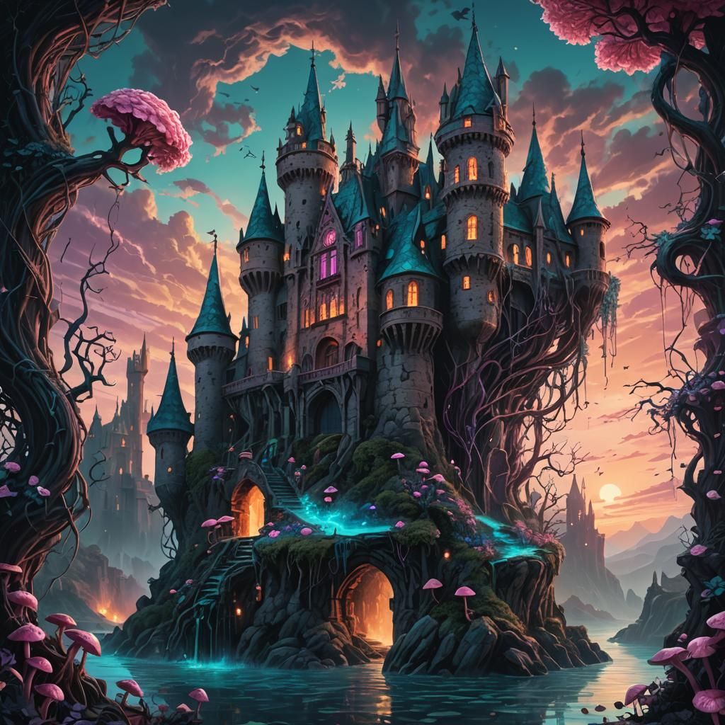 Monster Attack on Mystical Castle: Dark Fantasy Illustration
