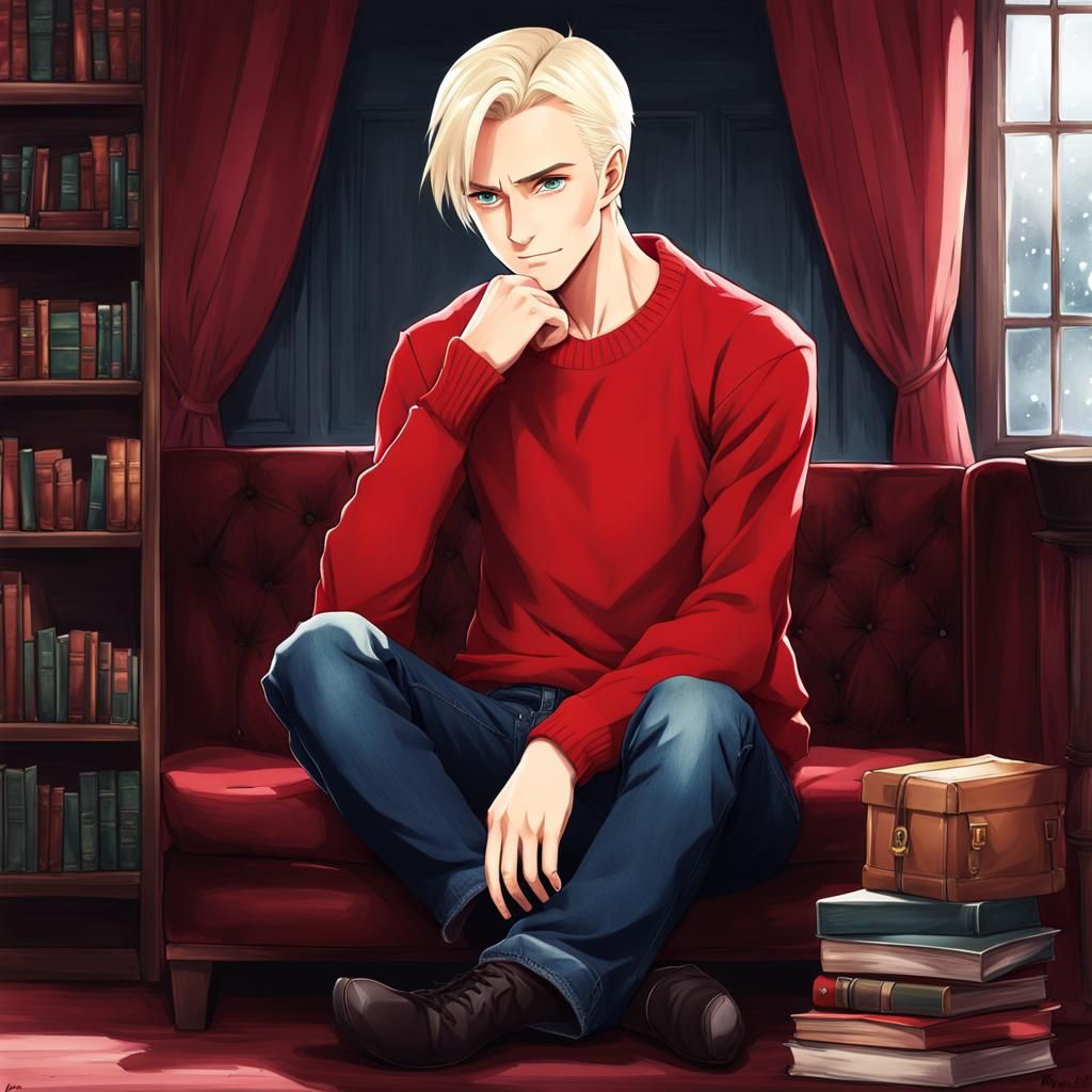 Draco Malfoy in Red Sweater, Anime Style