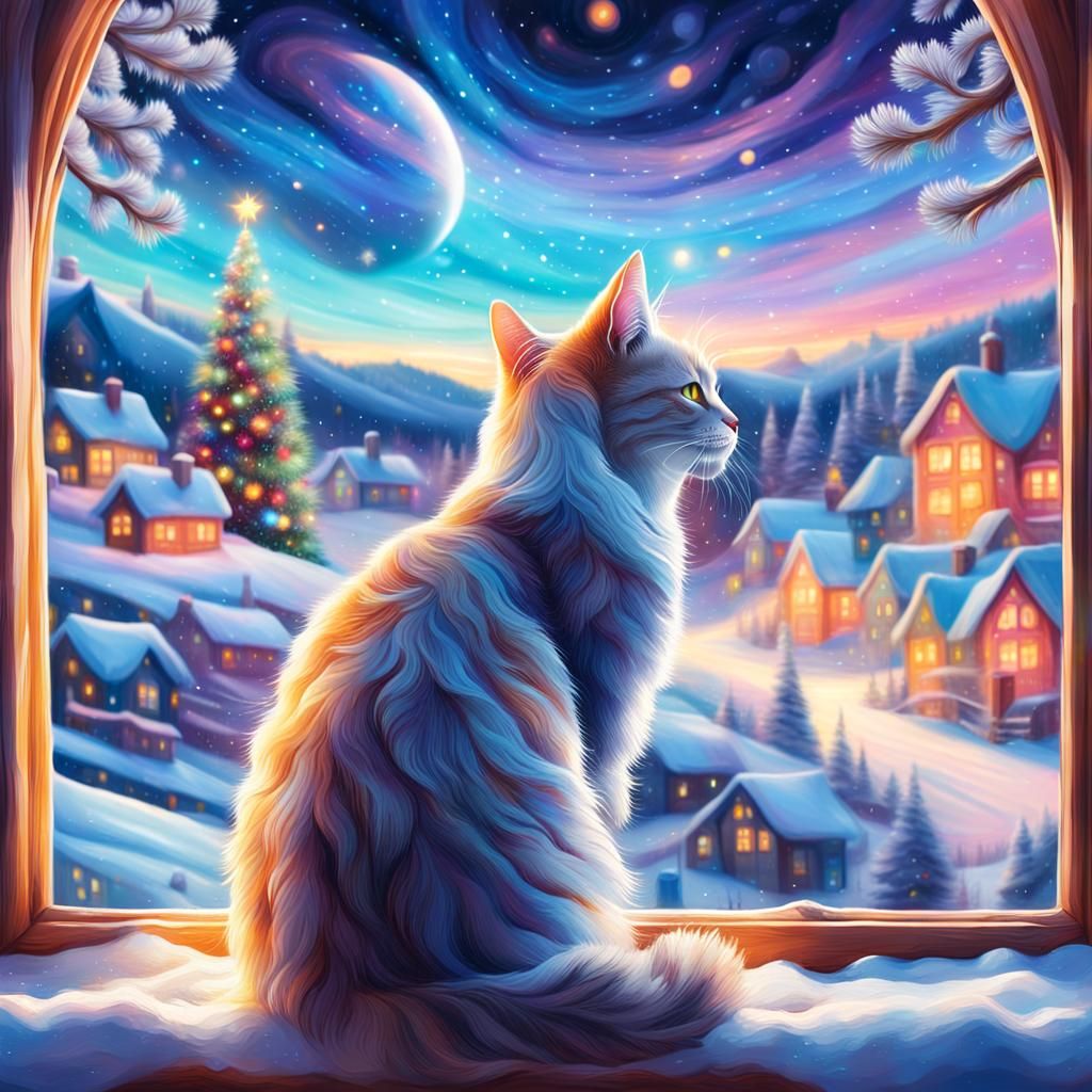 Cosmic Cat Watching Winter Village in Astral Illustration