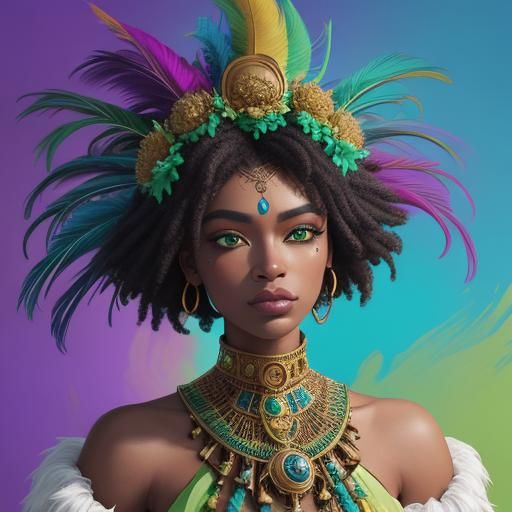 Peacock Haired Woman with Flower Crown, Expressionist Art