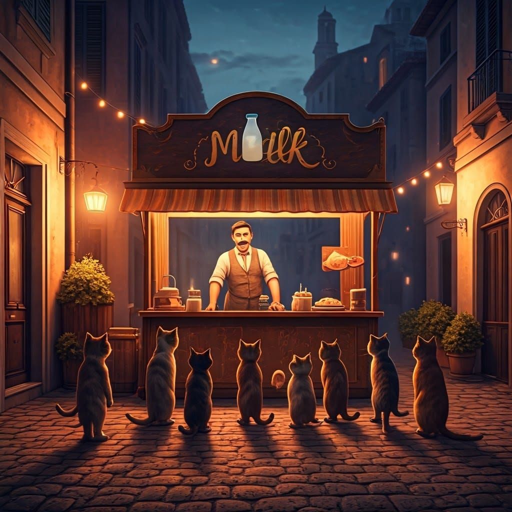 Whimsical Feline Street Food Stand at Dusk