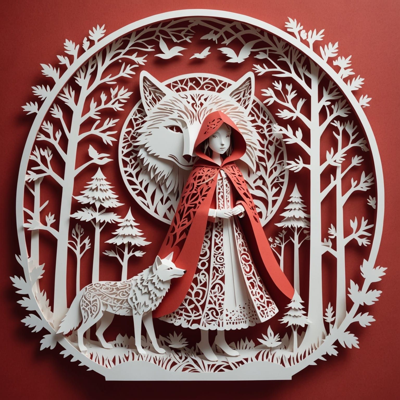 Intricate Kirigami Forest with Girl and Wolf
