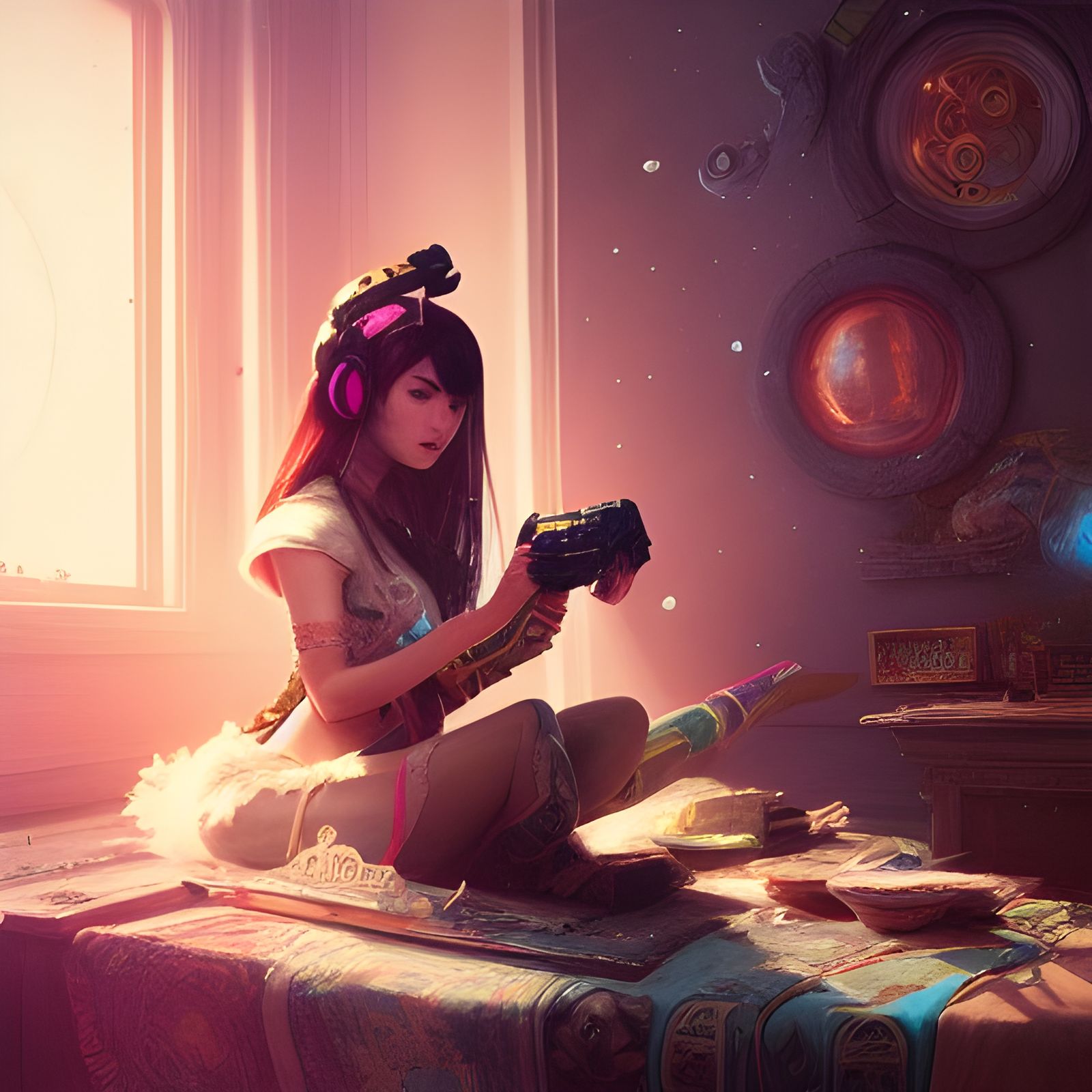 Gamer Goddess Immersed in Cosmic Video Game