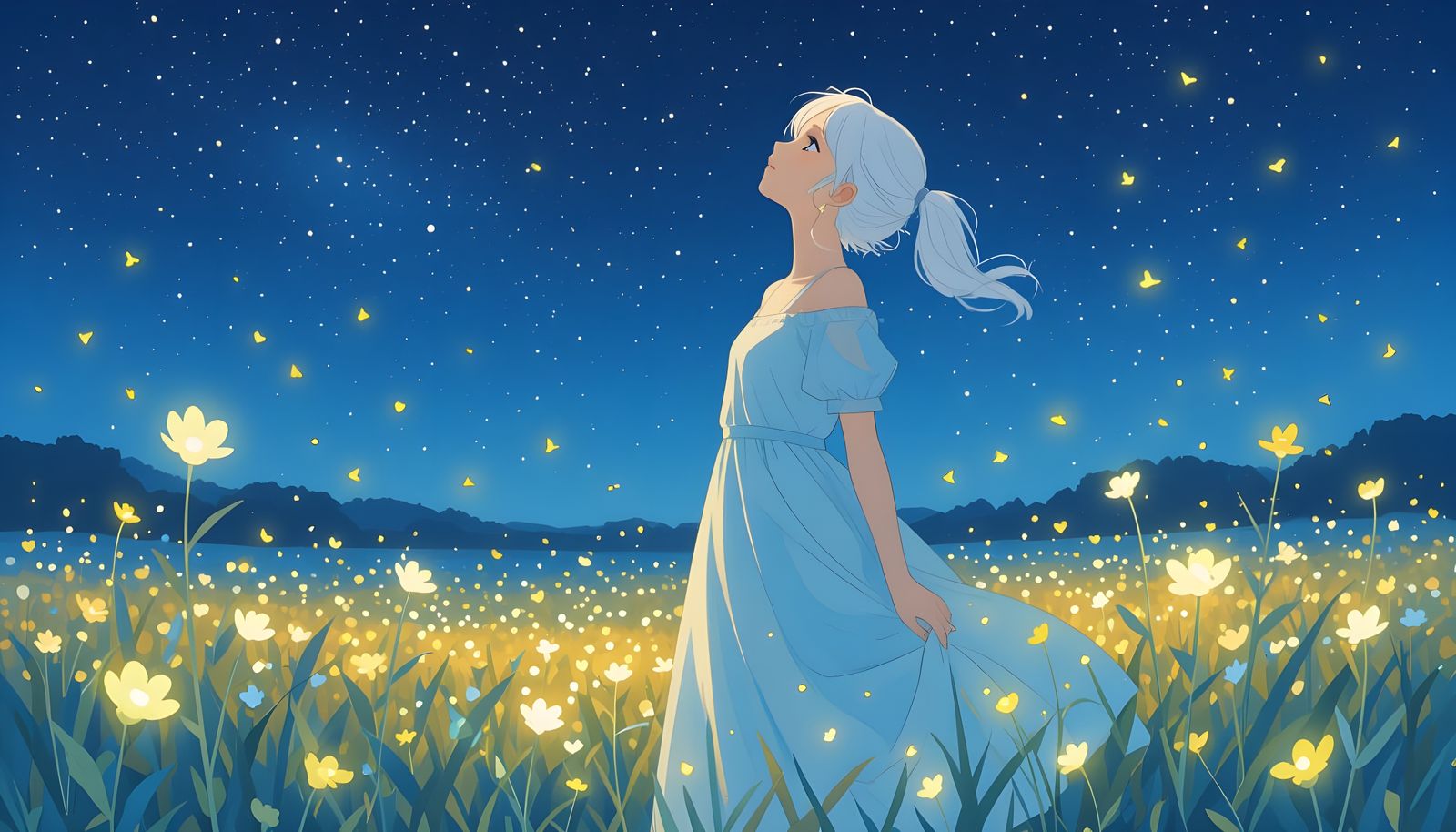 Ethereal Woman in Bioluminescent Field, Impressionistic Styl...