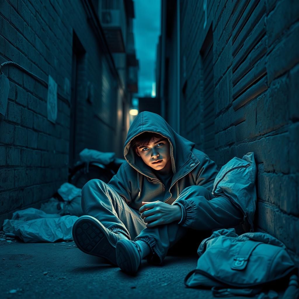 Monochromatic Portrait of Homeless Youth in Urban Alley
