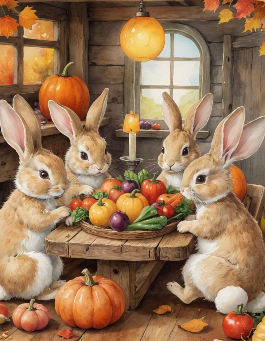 Beatrix Potter Style Bunnies Harvest Feast