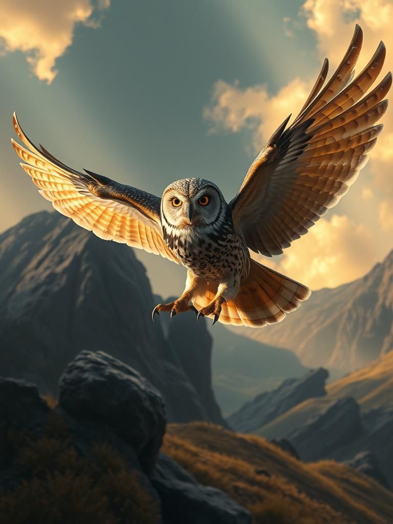 Majestic Owl Soaring in Fantasy Landscape